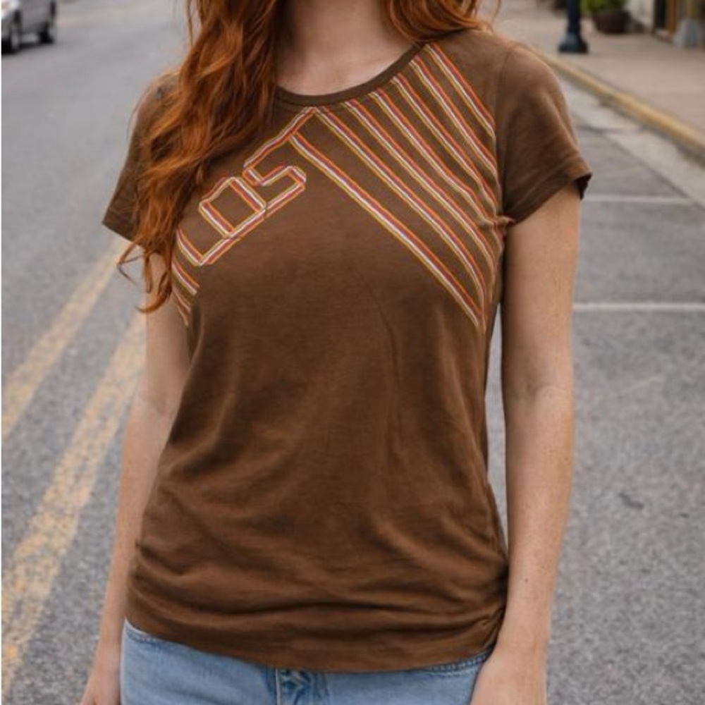 Lost Women’s Brown Tee with Multicolor Stripes. 100% Cotton made in USA. Vintage